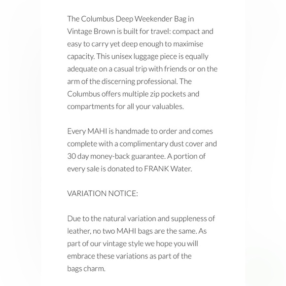 Leather Weekender Mahi Columbus Brown Tote Bag New Shoulder Strap - Picture 15 of 16